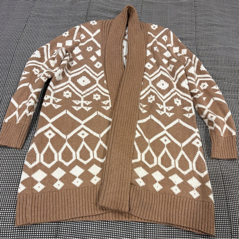 Old Navy Brown and White Open-Front Geometric Cardigan